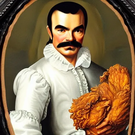 Image similar to a 1 6 0 0 s framed portrait painting of burt reynolds holding a bucket of fried chicken, intricate, elegant, highly detailed