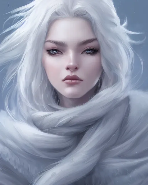 Prompt: portrait of a beautiful fierce snow goddess, flowy white grey hair, grey eyes, winter, frozen, snow, cinematic lighting, highly detailed, digital painting, trending on artstation, pixiv, concept art, sharp focus, illustration, art by ross tran and wlop