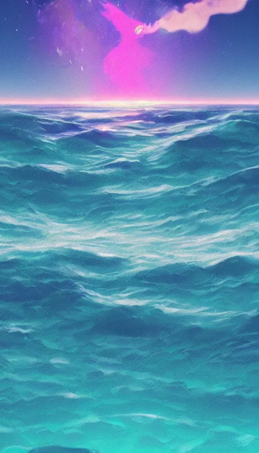 Image similar to Beautiful vaporwave ocean horizon, there is an alien planet in the distance over the horizon, viewed from the beach, digital art, trending on artstation, iphone wallpaper