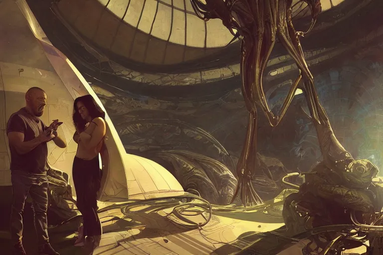 Prompt: joe rogan interviewing an alien, octane render, by greg rutkowski, alphonse mucha, artgerm