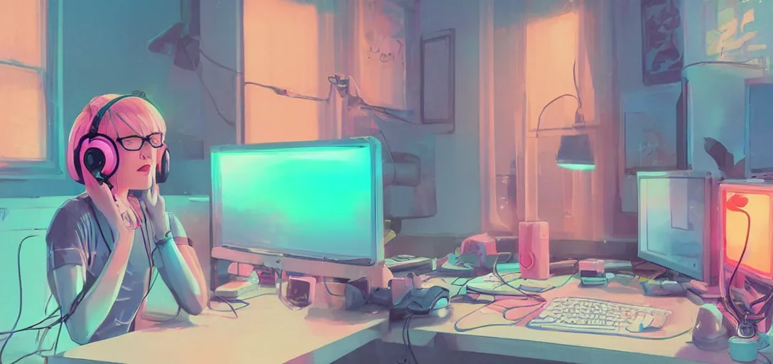 Image similar to a blond woman, pink cat-ear-headphones, sitting in front of computer, gamer, computer nerd, cute room, neon lights, gamer aesthetic, lofi vibes, strong crisp lineart and flat color, by ilya kuvshinov, krenz cushart, Greg Rutkowski, trending on artstation