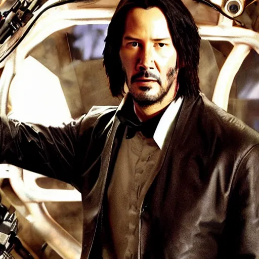 Prompt: keanu reeves as a cyborg wearing steampunk clothing