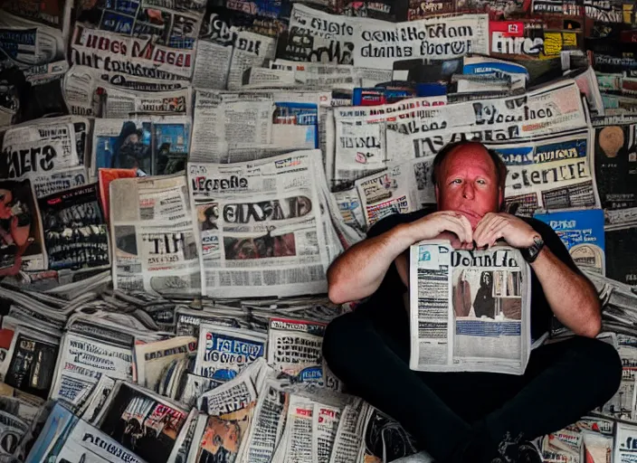 Image similar to dslr photo still of!!! alex jones!!! sitting depressed in a room filled to the ceiling with newspapers, 5 2 mm f 5. 6