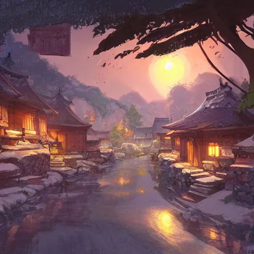 Image similar to concept art painting of a cozy village at night in a mountainous forested valley, historic european and japanese architecture, realistic, detailed, cel shaded, in the style of makoto shinkai and greg rutkowski and james gurney