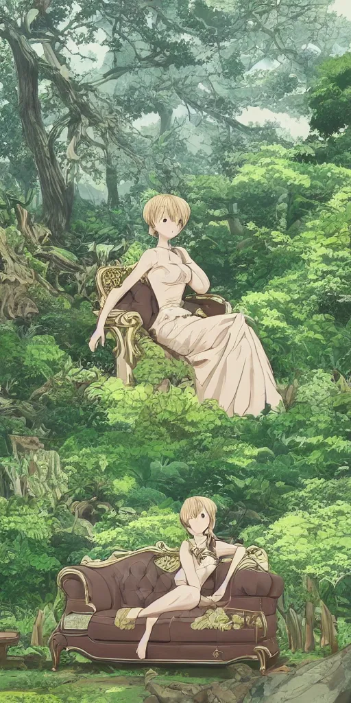 Prompt: landscape shot of a highly detailed queen sitting by herself on a sofa in a forest, drawn by CloverWorks, elegant, beauty,