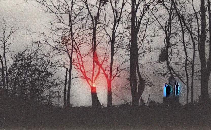 Image similar to lighthouse that shines red beam, field, night, unsettling, burning trees, photo 1998