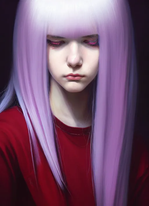 Image similar to hair whitebangs hair, black hair, whitebangs, portrait of teenage girl with white bangs, red irises, purple clothes, white bangs, bangs are different color from hair, intricate, elegant, glowing lights, highly detailed, digital painting, artstation, concept art, smooth, sharp focus, illustration, art by wlop, mars ravelo and greg rutkowski