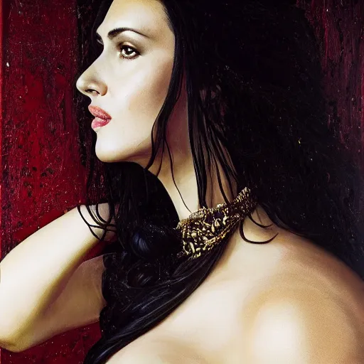 Image similar to majestic gracious regal aristocratic raven haired monica bellucci as the roman - greece vampire pandora portrait, indoors, atmospheric lighting, painted, intricate, volumetric lighting, beautiful, rich deep colours masterpiece, sharp focus, ultra detailed, by leesha hannigan, ross tran, thierry doizon, kai carpenter, ignacio fernandez rios