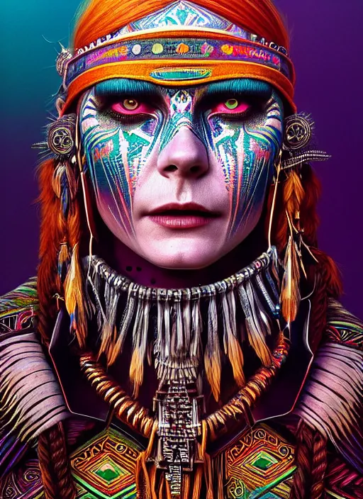 Image similar to portrait of kirsten dunst, hyper detailed ultra sharp aztec shaman warrior. trending on artstation, warpaint aesthetic, bloodwave, colorful, psychedelic, ornate, intricate, digital painting, concept art, smooth, sharp focus, illustration, art by artgerm and greg rutkowski and h. r. giger, 8 k