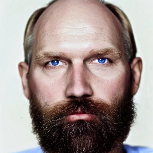 Image similar to color 35mm film still of a balding, middle aged blond man with a full blond beard and dark blue eyes, figure portrait