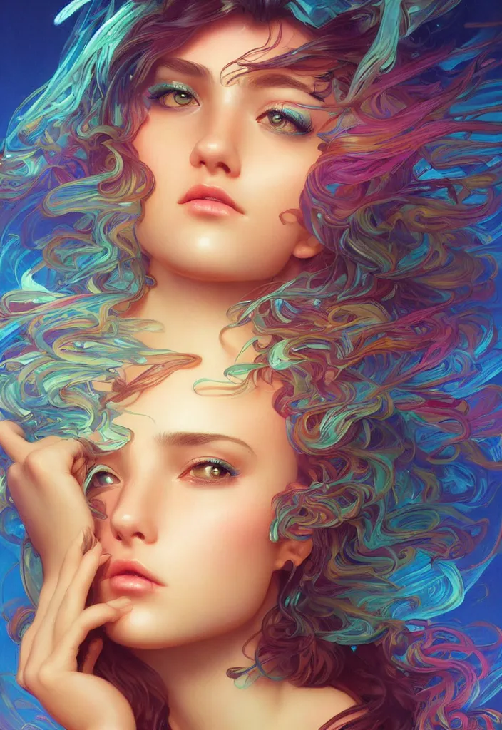 Image similar to beautiful, young woman, detailed gorgeous face, vaporwave aesthetic, synthwave, colorful, psychedelic, artstation, concept art, smooth, extremely sharp detail, finely tuned detail, ultra high definition, 8 k, unreal engine 5, ultra sharp focus, illustration, art by artgerm, greg rutkowski and alphonse mucha