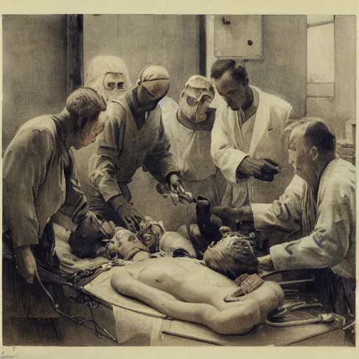 Image similar to shikki funereal by walter langley. a beautiful conceptual art of a team of surgeons gathered around a patient on an operating table, with one surgeon in the process of cutting into the patient's chest. the conceptual art is full of intense colors & brushstrokes, conveying the urgency & intensity of the surgery.