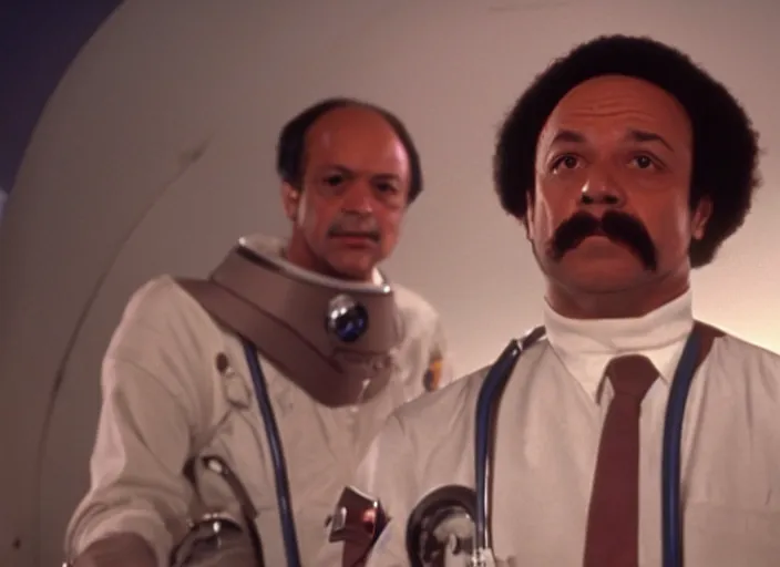 Image similar to film still of young old Cheech Marin with HAL as Dr. Dave Bowman in 2001 A Space Odyssey