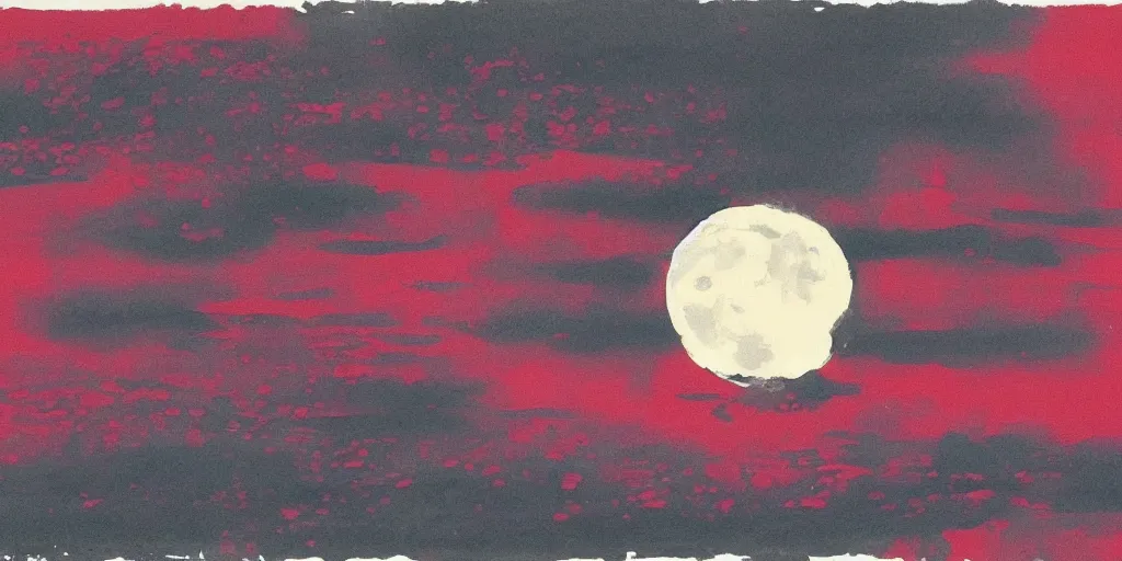 Prompt: the moon shining on a lake at night, scarlet colour splash, painted a thin brush, detailed sumi-e illustration