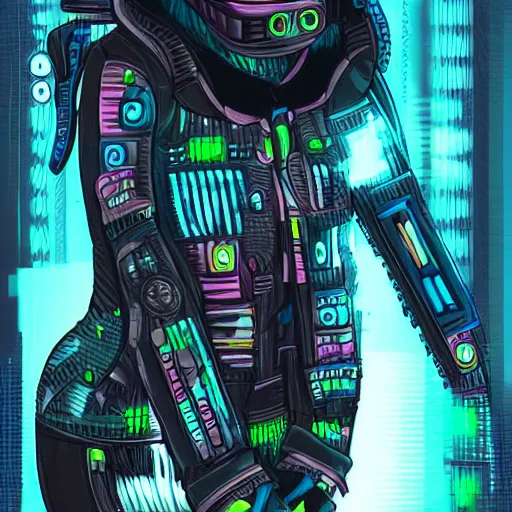 Image similar to digital art of a cyberpunk humanoid cat