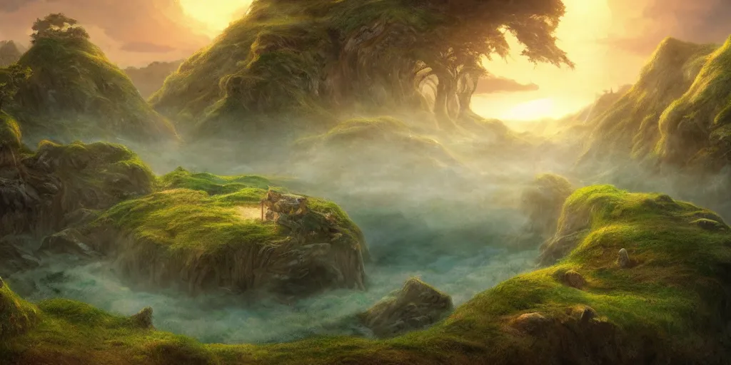 Prompt: lush and beautiful concept art for the shire, floating rocks, arabian castles, sand, golden sun, planets, lord of the rings, peter jackson, studio ghibli, detailed, realistic lighting, volumetric lighting, golden hour,