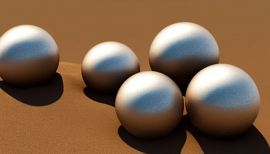 Image similar to metallic silver spheres in desert, sand dunes, heat wave, hyperdetailed, artstation, cgsociety, 8 k