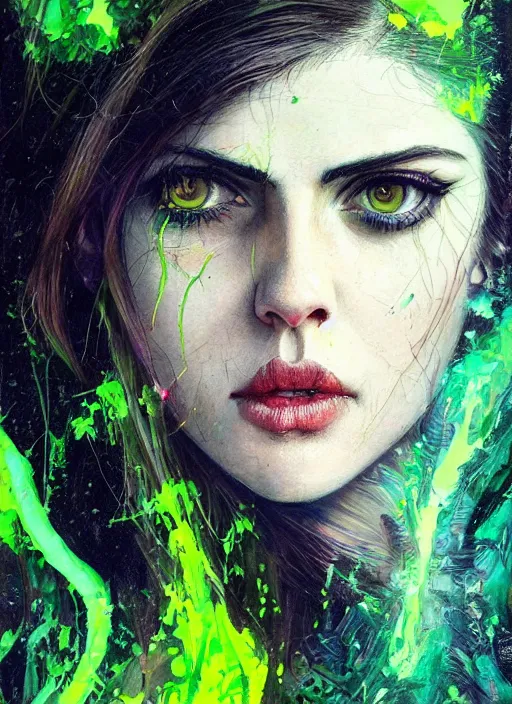 Prompt: a Demon Slayer portrait of Alexandra Daddario, tall, pale-skinned, slender with lime green eyes and long eyelashes by Stanley Artgerm, Tom Bagshaw, Arthur Adams, Carne Griffiths, trending on Deviant Art, street art, face enhance, chillwave, maximalist, full of color, glittering