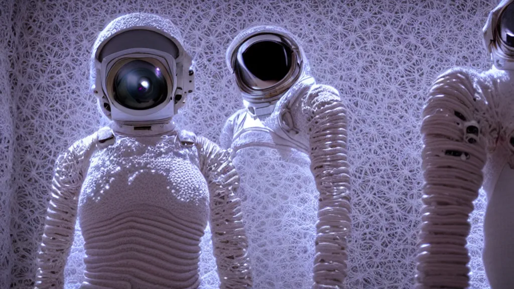 Image similar to a cybernetic symbiosis of a single astronaut eva suit made of pearlescent wearing knitted yarn thread infected with diamond 3d fractal lace iridescent bubble 3d skin covered with stalks of insectoid compound eye camera lenses floats through the living room, film still from the movie directed by Denis Villeneuve with art direction by Salvador Dalí, wide lens,