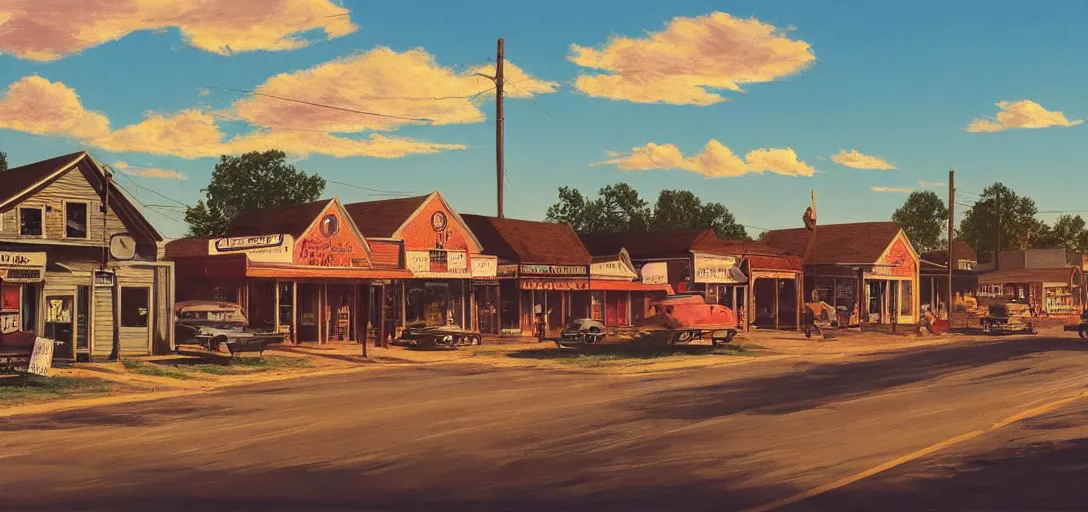 Image similar to concept art of a small rural town in middle America in the 1960s, detailed, Americana, golden hour