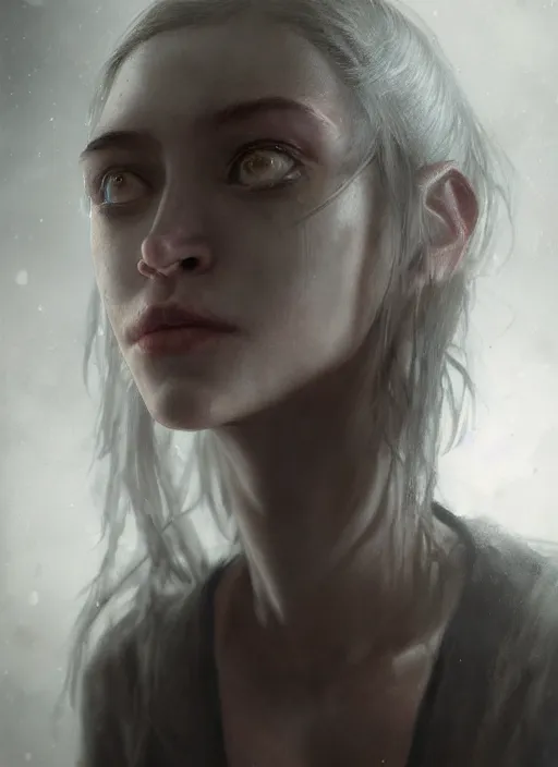 Image similar to portrait of sinister girl with thin evil lips, skeksis, unforgiving, bandaid on nose, expressive eyes, full body, translucent skin, greg rutkowski, charlie bowater, yuumei, stephen gammell, unreal 5, daz, hyperrealistic, octane render, rpg portrait, dynamic lighting, fantasy art, beautiful face