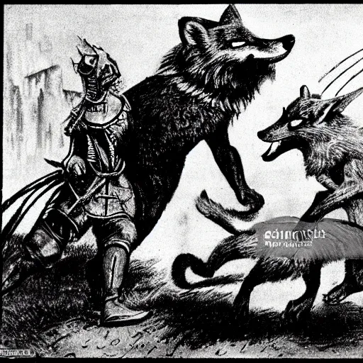 Prompt: anthropomorphic fox man fights in front of a castle against evil knight, 1910s film scene