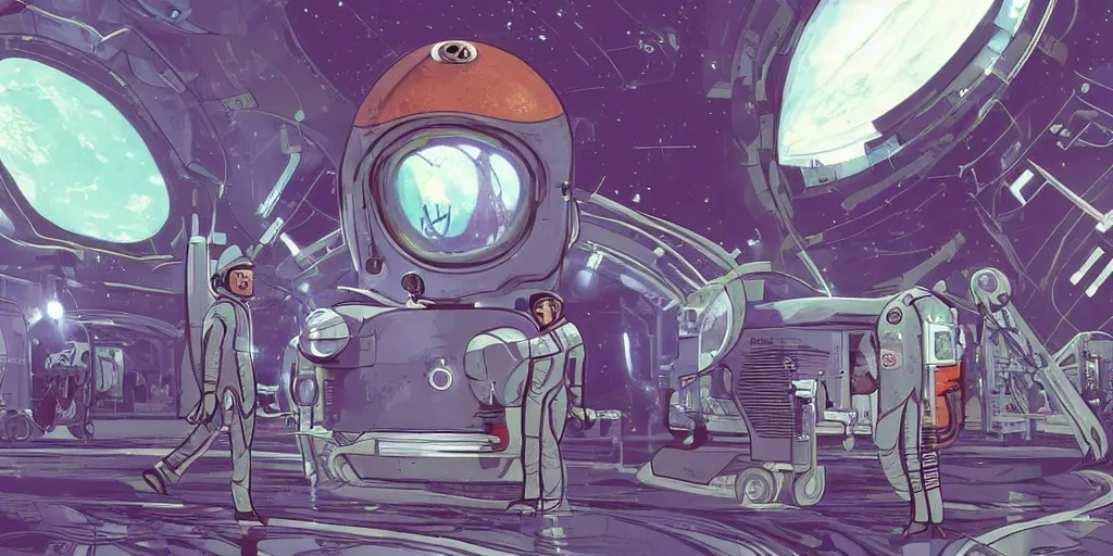 Image similar to long shadows a portrait of Alain Delon pilot in spacesuit on field forrest spaceship station, machinery, in outer worlds in FANTASTIC PLANET La planète sauvage animation by René Laloux