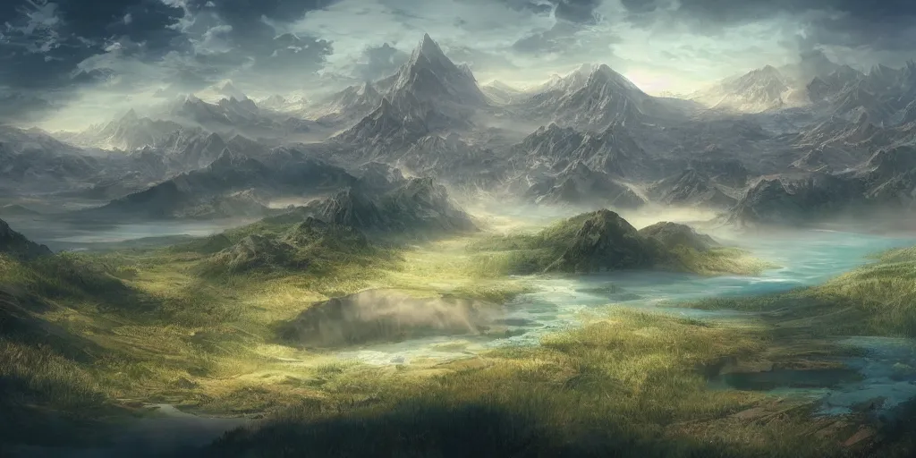 Prompt: fantasy world, in the middle is a huge lake with a little plain around it, behind it are mountains and rivers, intricate, elegant, sharp focus, illustration, highly detailed, concept art, matte, trending on artstation, anime, beautiful sunlight and shadows