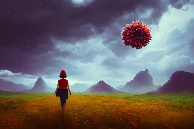 Prompt: giant dahlia flower over head, girl walking on mountain, surreal photography, stars, dramatic light, impressionist painting, storm clouds, digital painting, artstation, simon stalenhag