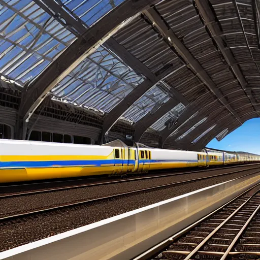 Prompt: California High Speed Rail arriving in the newly remodeled LA Union Station, 8k, photorealistic