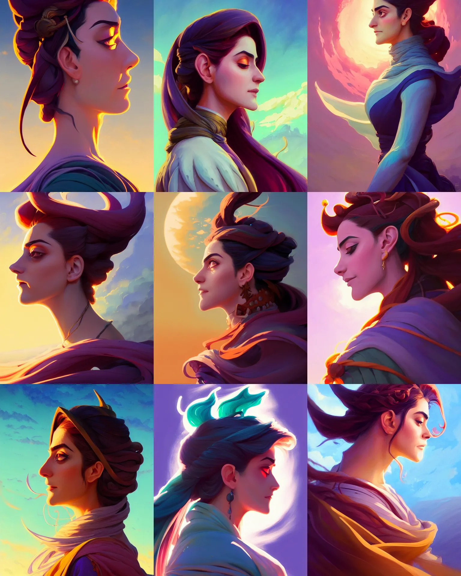 Prompt: side profile centered painted portrait, Maya Ali as a wind mage, Arcane and D&D, cell-shaded, concept art, beautifully backlit, official fanart, 4k, HDR, Trending on artstation, Behance, Art Nouveau, chromatic colours, by Jesper Ejsing and RHADS and Makoto Shinkai and Lois van baarle and ilya kuvshinov and rossdraws and Cushart Krentz and Gilleard James