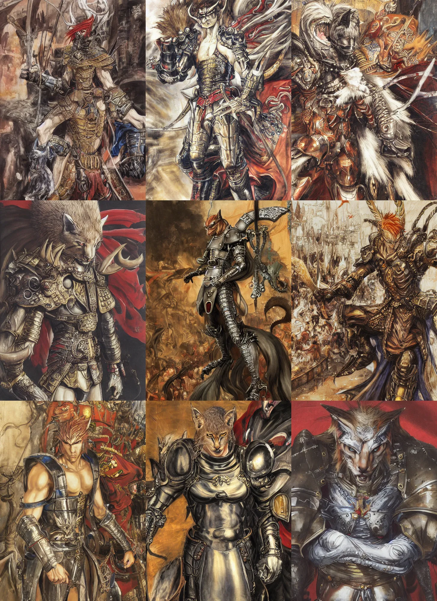 Image similar to 8k Yoshitaka Amano painting of upper body of a young cool looking slim caracal beast-man with white mane at a medieval market at windy day. Depth of field. He is wearing complex fantasy armors. He has huge paws. Renaissance style lighting.