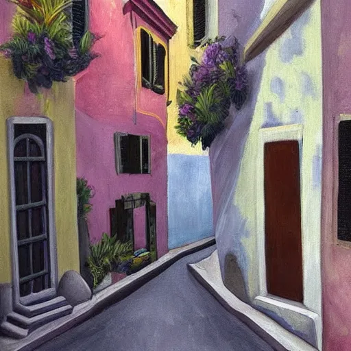 Prompt: our lost honeymoon by clara memette. painting inspired by italian streets. dim romanticism