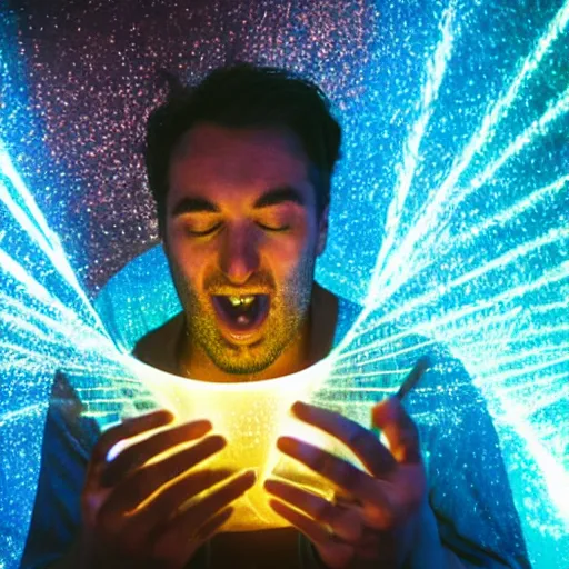 Prompt: a man eating a bowl of lazers