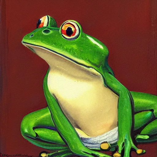 Prompt: a beautiful frog in a 19th century military outfit, oil on canvas. pixar