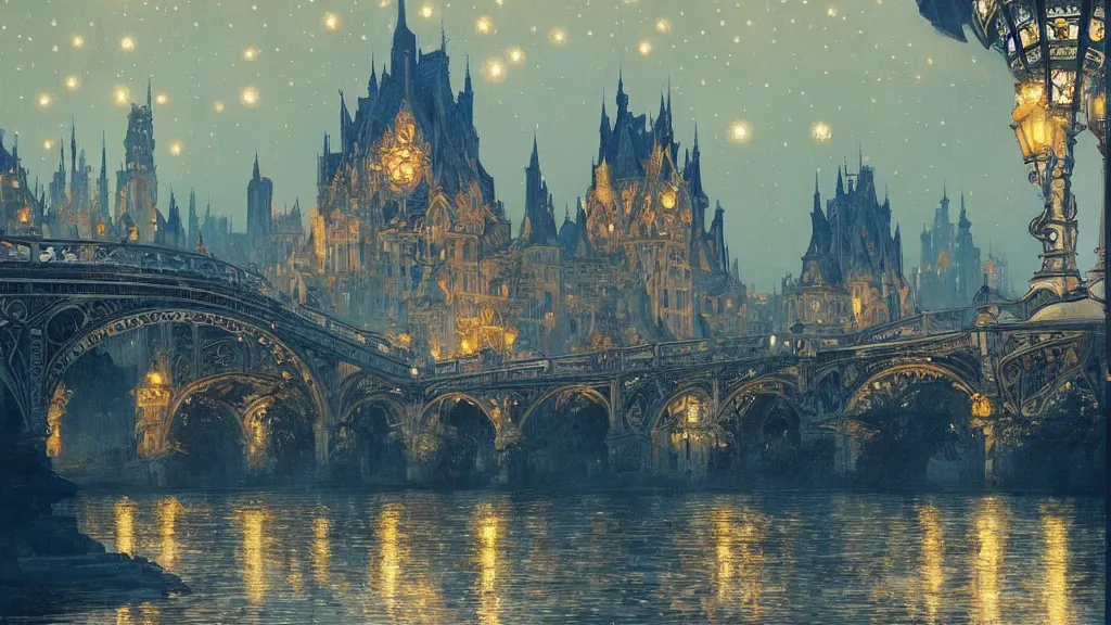 Prompt: a beautiful painting of the view from the river of a city of bridges and arches, with art nouveau architecture, at night with a sky full of stars, intricate, elegant, highly detailed, digital painting, artstation, concept art, by krenz cushart and artem demura and alphonse mucha