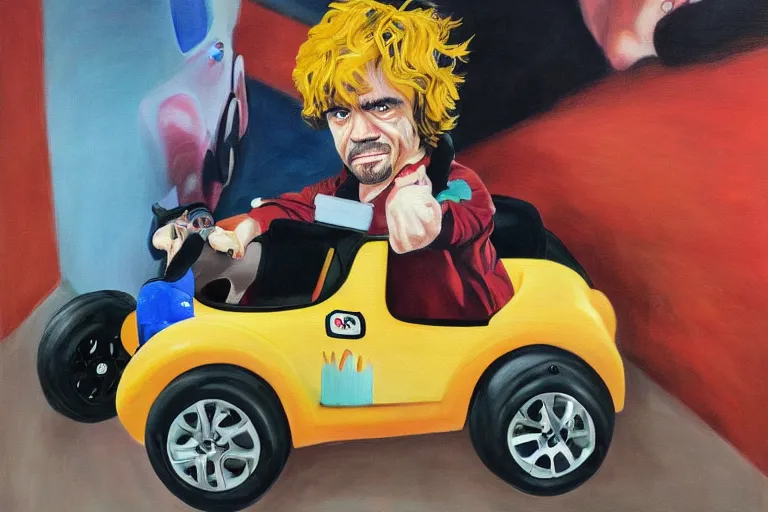 Image similar to black velvet painting of peter dinklage driving a little tikes crazy coupe