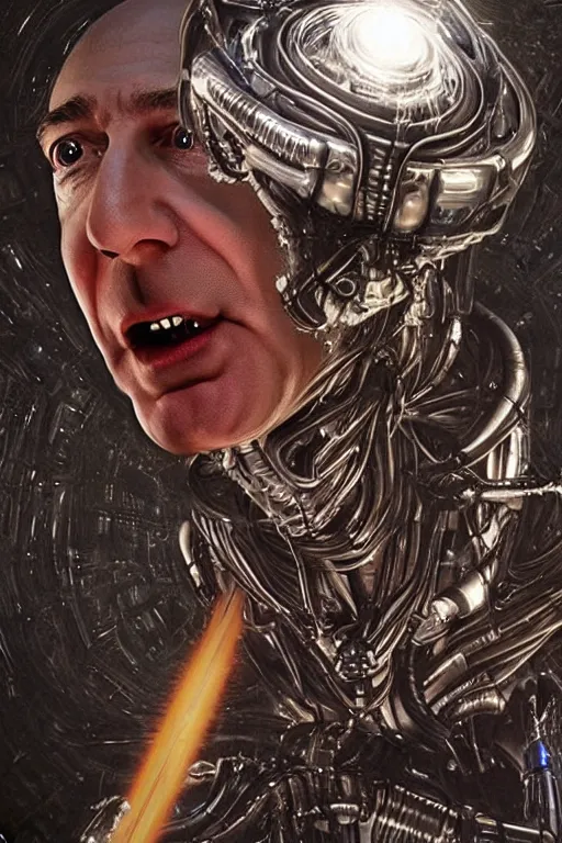 Image similar to jeff bezos as a filthy alien invader with a laser weapon, photorealistic, cinematic lighting, highly detailed, very intricate, by hr giger