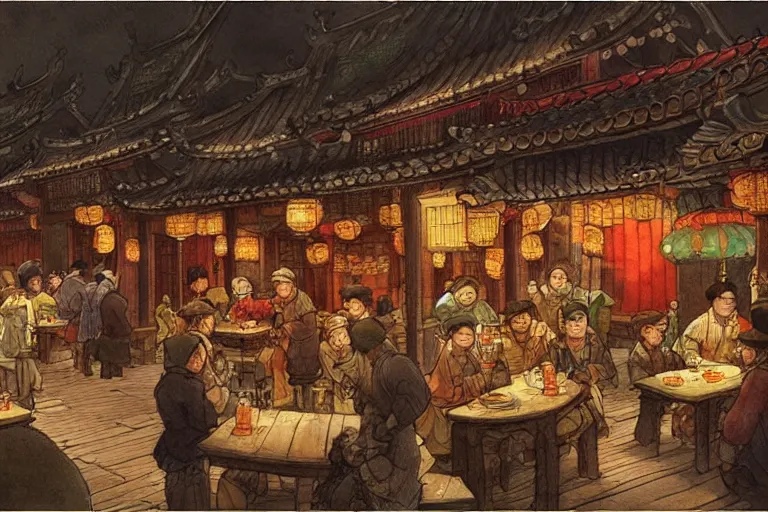 Image similar to fantasy art of a bustling tavern in china, at night, by anton pieck, highly detailed digital art, trending on artstation