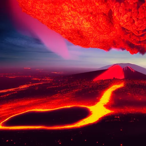 Prompt: matte painting of an erupting volcano surrounded by a sea of red glowing in the night, wise angle