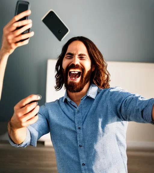 Image similar to Jesus taking a selfie. He is laughing. Professional photo