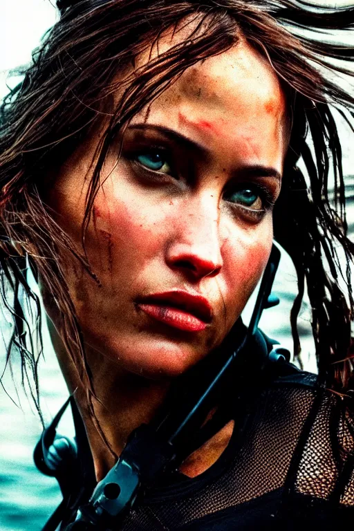 Prompt: cinestill 5 0 d candid action photographic portrait by quentin tarantino of lara croft wearing rugged black mesh techwear in treacherous waters, extreme closeup, modern cyberpunk retrofuturism moody emotional cinematic, pouring iridescent rain, 8 k, hd, high resolution, 3 5 mm, f / 3 2, motion blur, ultra realistic faces, ex machina 8 k