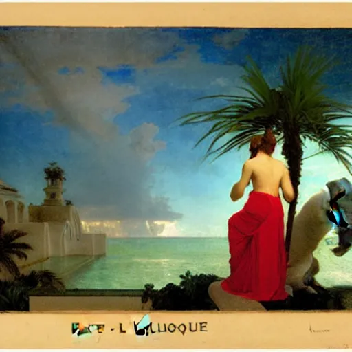 Image similar to Silhouette of two girl at the palace, thunderstorm, greek pool, beach and palm trees on the background major arcana sky, by paul delaroche, alphonse mucha and arnold böcklin arnold böcklin hyperrealistic 8k, very detailed