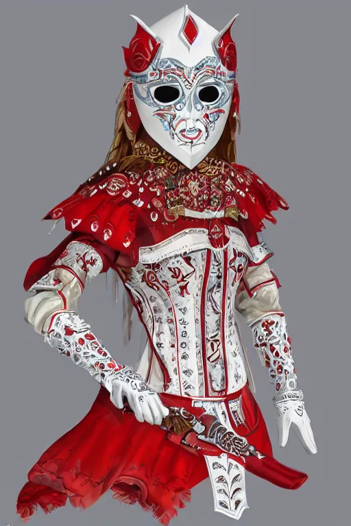 Prompt: female adventurer in tight full - body white embroidered leather armor of vyshyvanka design with red accents and a red porcelain crow mask, trending in artstation, ukrainian, establishing shot