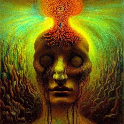 Prompt: My soul transcends the ashes of my body to merge with the blissful dimensionless vodi - contest-winning artwork by Salvador Dali, Beksiński, Van Gogh, Giger, and Monet. Stunning lighting