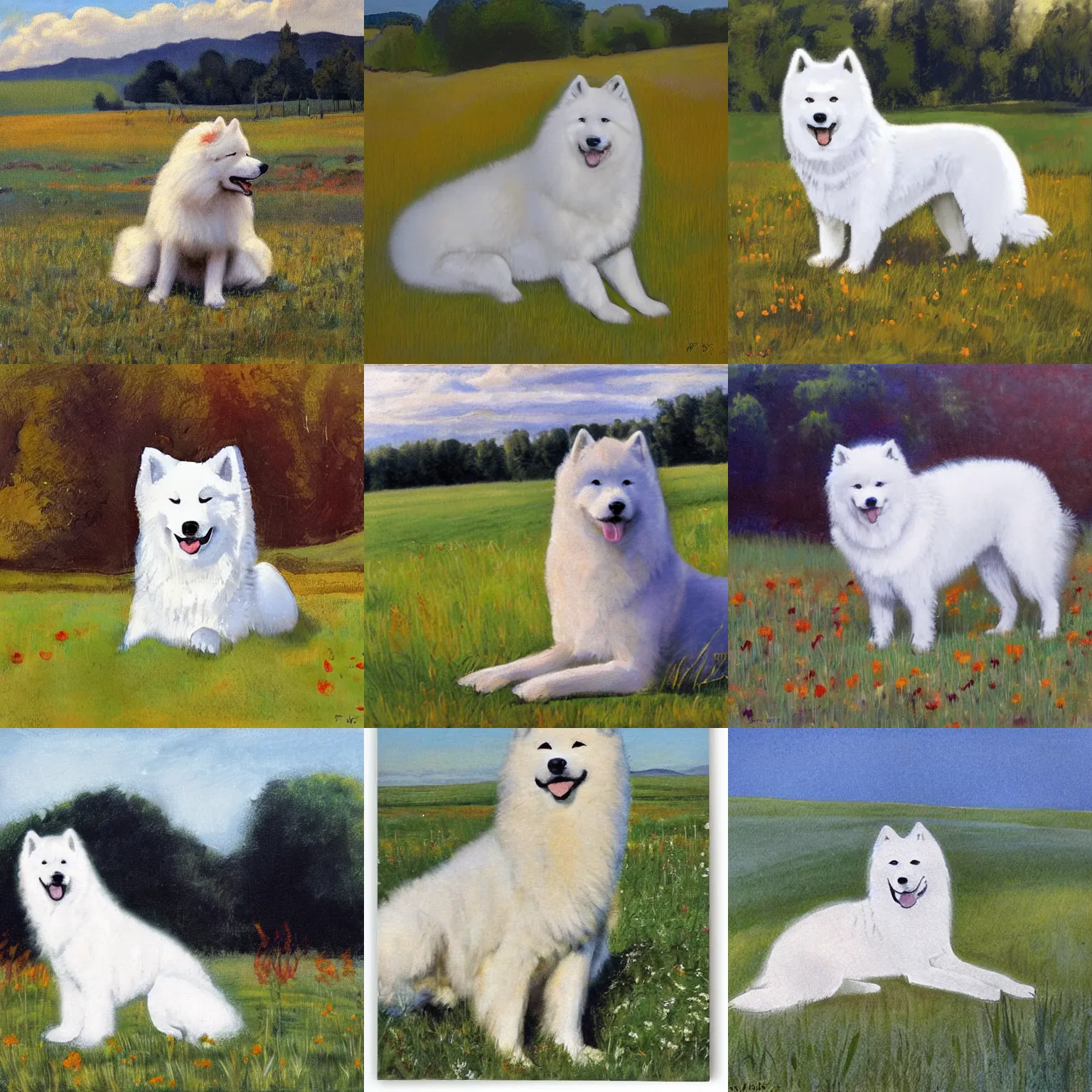 Prompt: a samoyed dog sitting in the middle of sunny meadow, by fritz bleyl