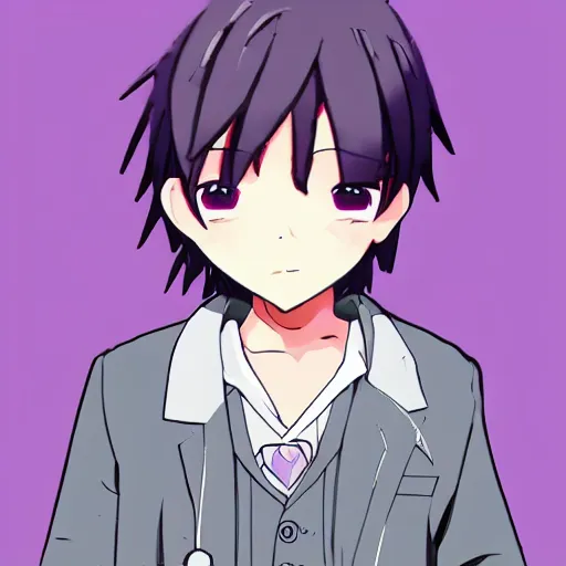 Image similar to cute little boy wearing an doctor suit, purple color palette, inspired in made in abyss and hirohiko araki, ray tracing, featured in pixiv