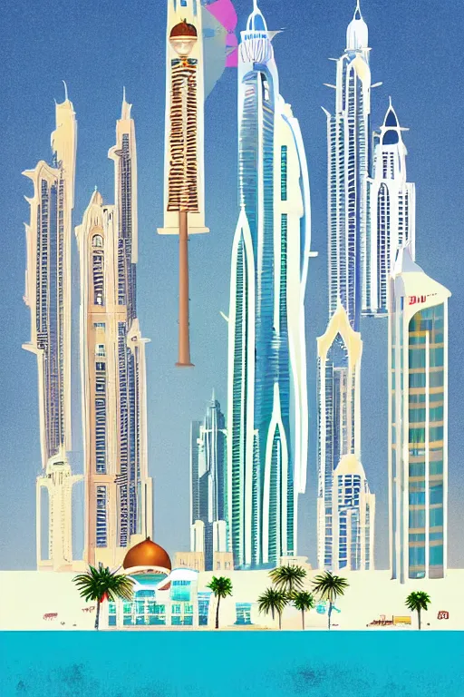 Prompt: dubai, illustration, in the style of katinka reinke