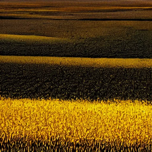 Prompt: Realistic photo, uncanny, retro, of infinite yellow corn fields.