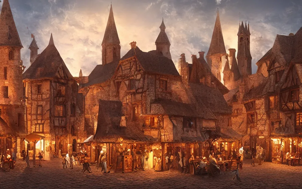 Prompt: at the square of a medieval french village made from chocolate a well in the center, arches, orange light, highly detailed, cinematic lighting, render, fantasy